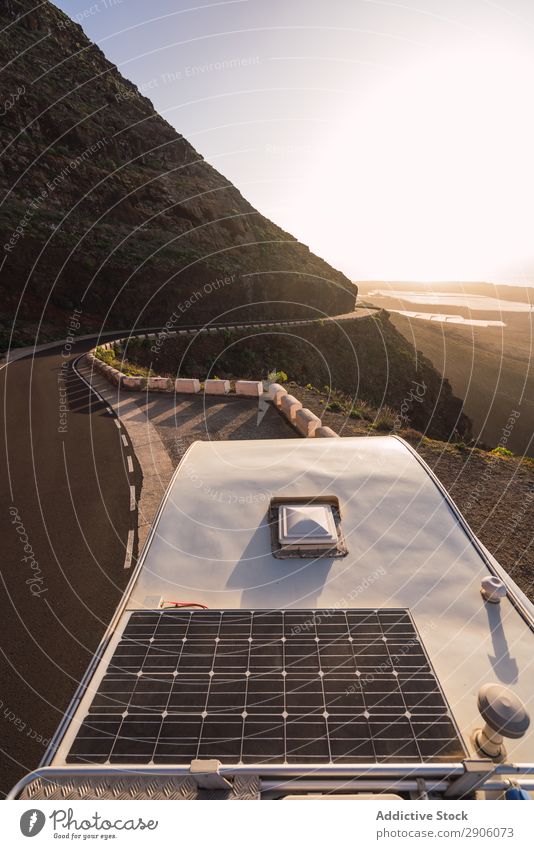 Camper van on mountain road and picturesque view of valley camper van Street Mountain Teide Tenerife Canaries Spain Asphalt Valley Lanes & trails Parked