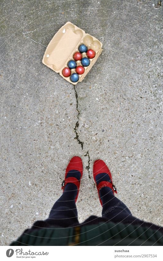 Easter times different (2) Feasts & Celebrations Tradition customs Easter egg Multicoloured Red Blue Street Asphalt City life Legs Feet High heels feminine