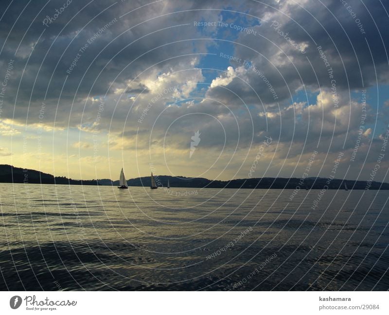 sky, water and somewhere another ship Aquatics Sailing Water Sky Clouds Horizon Lake Navigation Sailboat Sailing ship Watercraft Yellow Gold Lake Lucerne Sunset