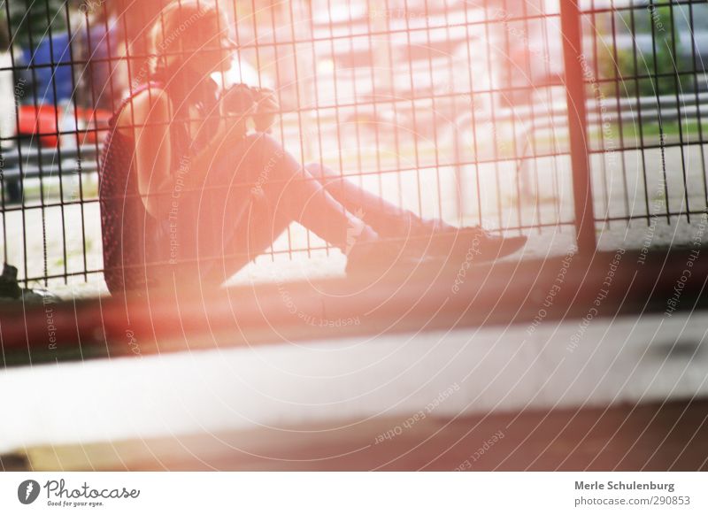 A little lonely merle school castle Loneliness Light Reflection Fence Posture Girl Woman Braids Camera canon Mirror Mirror image Think Meditative Wait Sadness