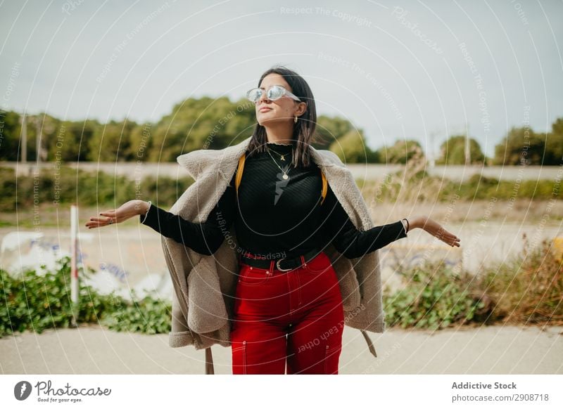 Stylish woman with jacket on beach Woman Beach Looking away Jacket Covering Style Lifestyle Leisure and hobbies Dream Vacation & Travel Youth (Young adults)