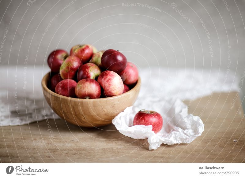 Still life with apples Food Fruit Apple Nutrition Organic produce Diet Bowl Wooden bowl Table Paper Tablecloth Eating Fragrance Fresh Healthy Delicious Natural