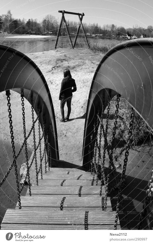 Souvenir souvenir... Leisure and hobbies Playing Children's game Think Relaxation To swing Wait Playground Lake Beach Swing Bridge Bridge railing Stairs