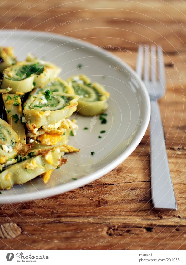 swabian & delicious Food Nutrition Eating Lunch Delicious Fork Pasta Swabian style Egg Roasted Cooking Parsley Plate Colour photo Interior shot Close-up Detail