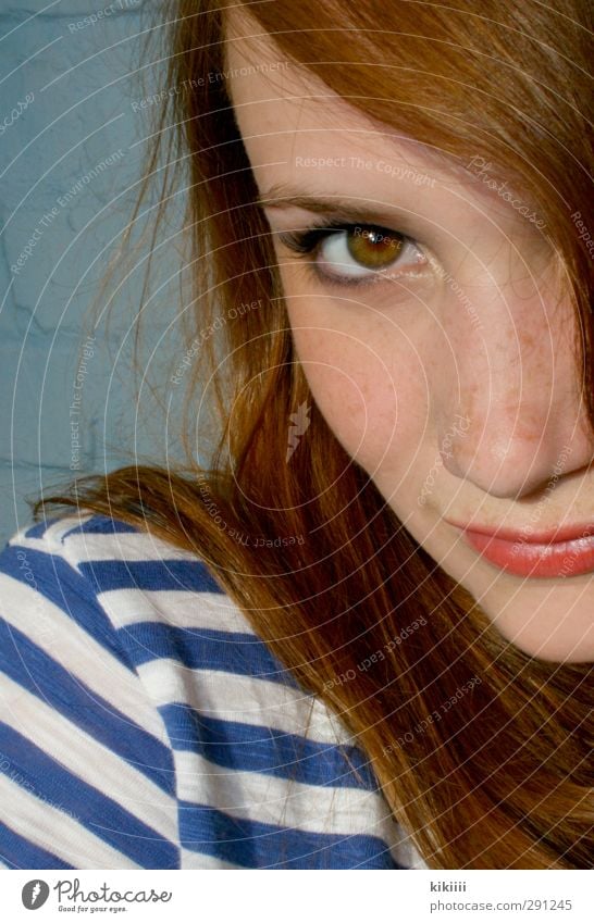 streaked Summer Hair and hairstyles Red-haired Lips Lipstick Orange Eyes Looking Striped T-shirt Freckles Girl Playing