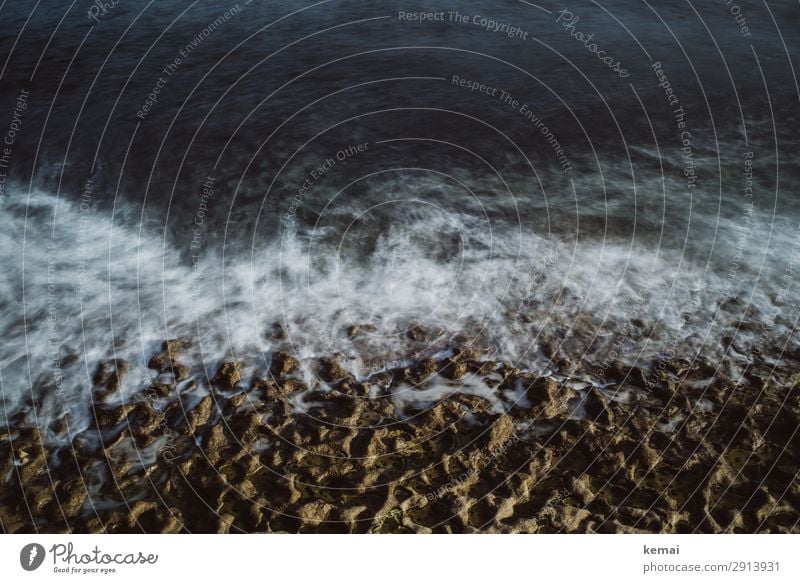 surf at the seaside Water Ocean Surf Long exposure Waves Rock Stone Light Contrast Wild ferocity Adventure Deserted Dark Nature Blue Day Coast Beach Elements