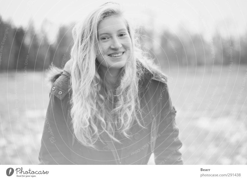 outside cold and inside warm 2 Feminine Young woman Youth (Young adults) 13 - 18 years Child Jacket Blonde Long-haired Smiling Happiness Black & white photo