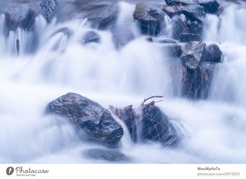 Blurred motion of water Beautiful Life Environment Nature Landscape Tree Leaf Park Forest Rock Brook River Waterfall Stone Movement Fresh Long Wet Natural Blue