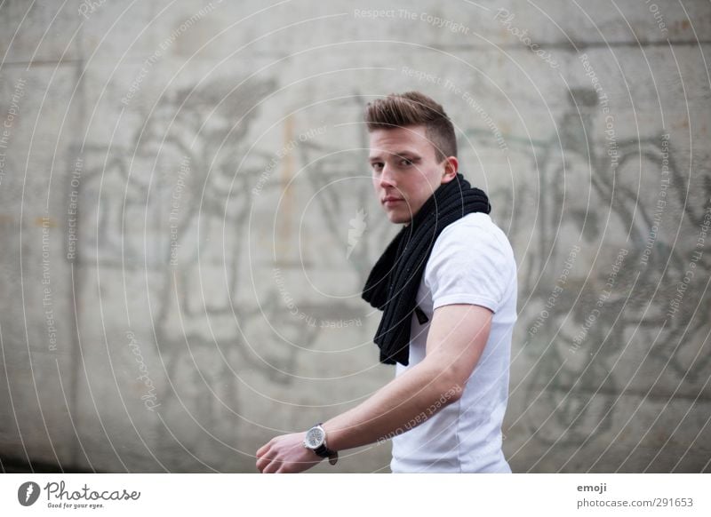 colourless Masculine Young man Youth (Young adults) 1 Human being 18 - 30 years Adults T-shirt Scarf Hip & trendy Beautiful Gray Colour photo Subdued colour