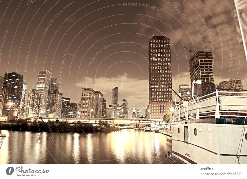 Night.gall Night sky Chicago Chicago River USA American Flag Town Downtown Skyline High-rise Harbour Night shot Long exposure Deserted