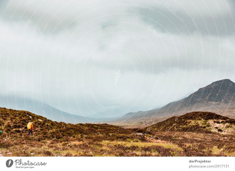 Isle of Skye: hiker in the landscape with mountains and clouds X Clouds Ledge Blue coast Lakeside Landscape Rock Bay River bank Summer Plant Waves Fjord Island