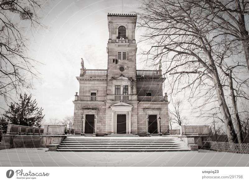 Castle Albrechtsberg side view in snow Culture Snow Capital city Deserted Palace Park Manmade structures Architecture Stairs Facade Terrace Window