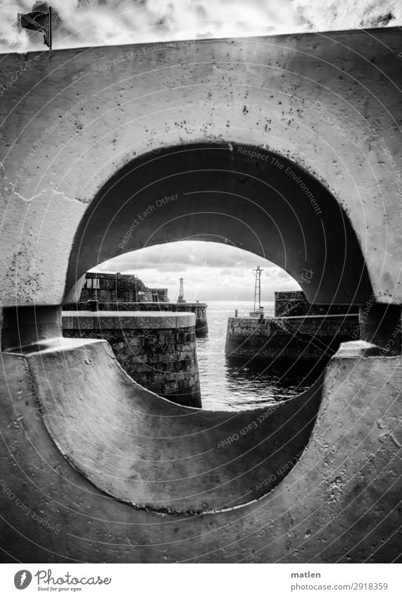 Basque Port Ocean Navigation Harbour Maritime Jetty Concrete Harbour entrance Narrow Sky Clouds Wall (barrier) Black & white photo Exterior shot Copy Space left