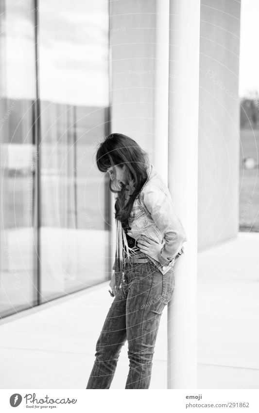 denim Young woman Youth (Young adults) 18 - 30 years Adults Jeans Hip & trendy Thin Black & white photo Exterior shot Day Shallow depth of field Upper body