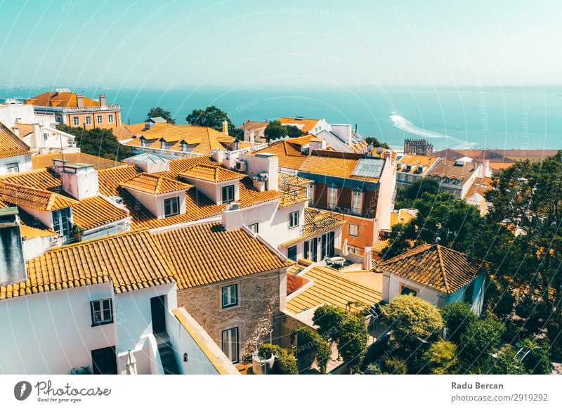 Aerial View Of Lisbon City Rooftops In Portugal Aircraft Vantage point Europe Vientiane Panorama (Format) Skyline Old Tourism Architecture Street Historic