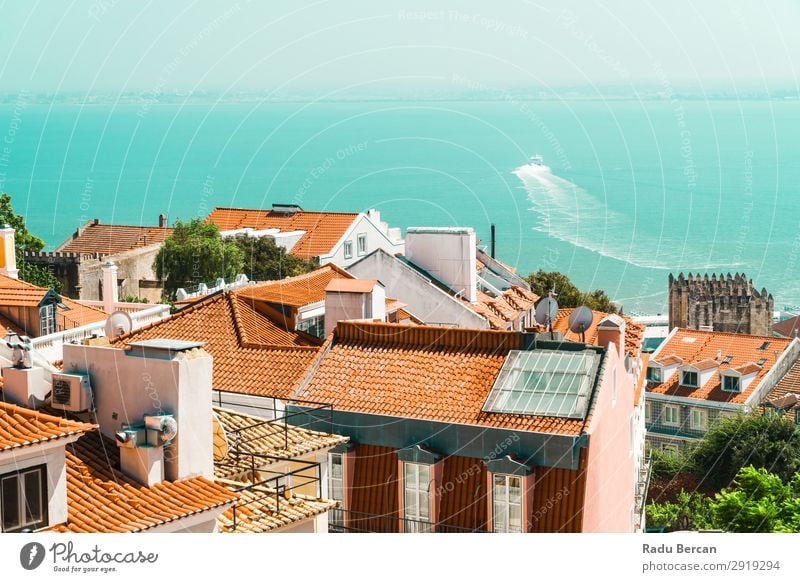 Aerial View Of Lisbon City Rooftops In Portugal Aircraft Vantage point Europe Vientiane Panorama (Format) Skyline Old Tourism Architecture Street Historic