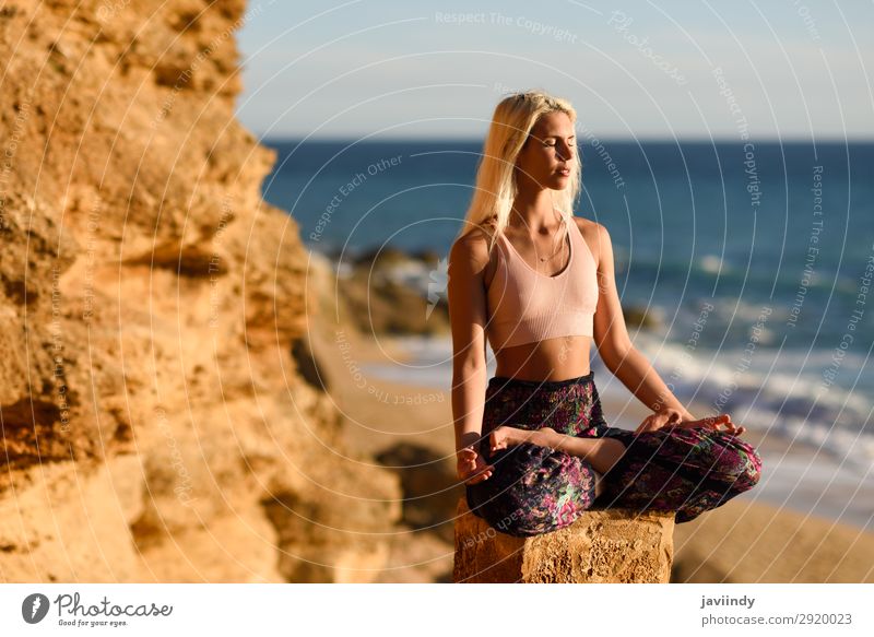 Woman enjoying the sunset on a beautiful beach Lifestyle Happy Beautiful Body Relaxation Meditation Leisure and hobbies Vacation & Travel Freedom Summer Sun