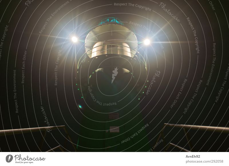 tower light Navigation Warnemünde Harbour Lighthouse Threat Dark Green Black Colour photo Exterior shot Night Shadow Back-light Worm's-eye view Wide angle