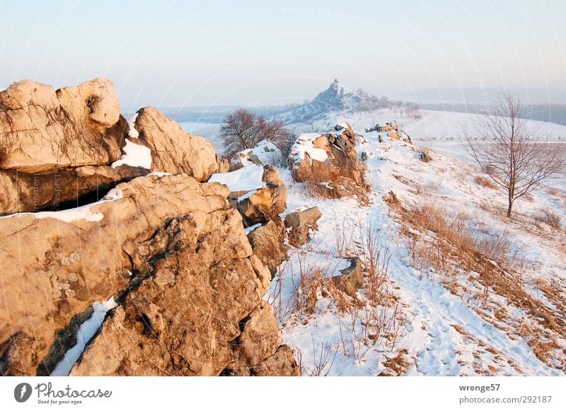 winter landscape Tourism Trip Winter Snow Mountain Hiking Nature Landscape Sky Sunrise Sunset Sunlight Beautiful weather Ice Frost Hill Rock Harz Idyll