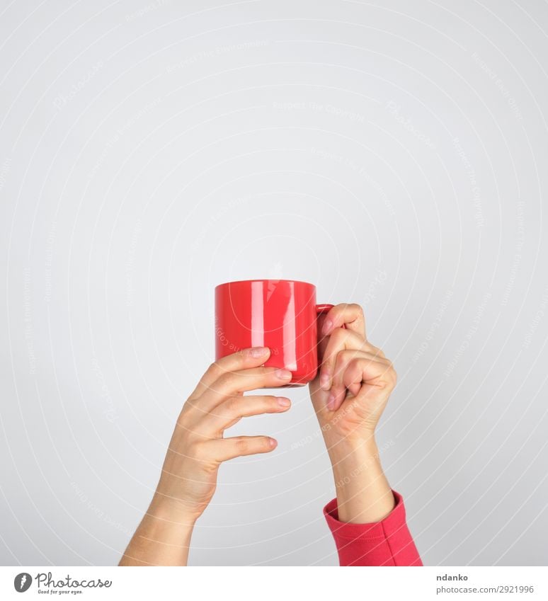 female hands hold a red ceramic mug Breakfast Beverage Coffee Espresso Tea Design Kitchen Woman Adults Hand To hold on Red White Indicate background big