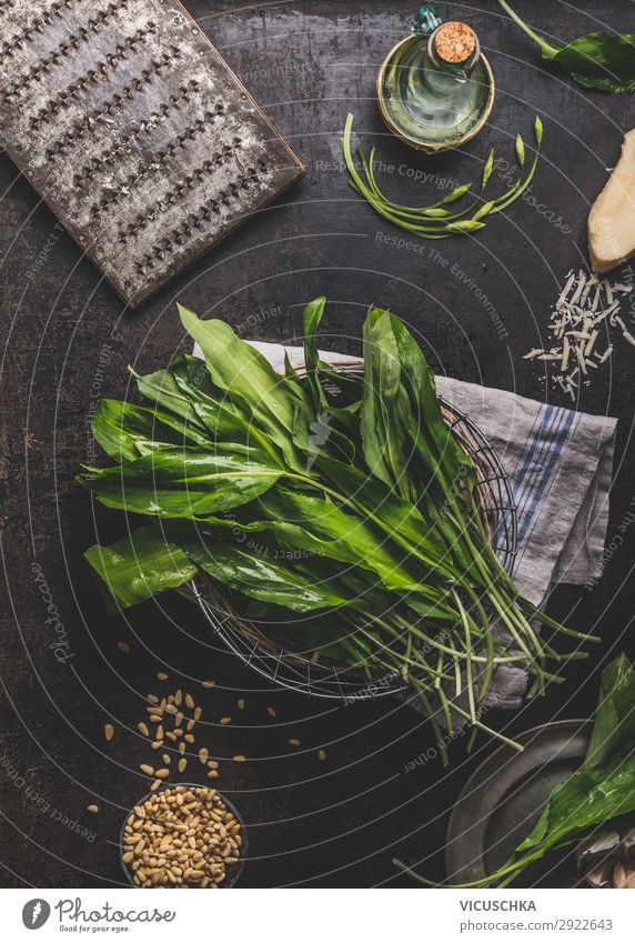 Wild garlic on kitchen table Food Lettuce Salad Herbs and spices Nutrition Organic produce Vegetarian diet Diet Crockery Shopping Style Design Healthy