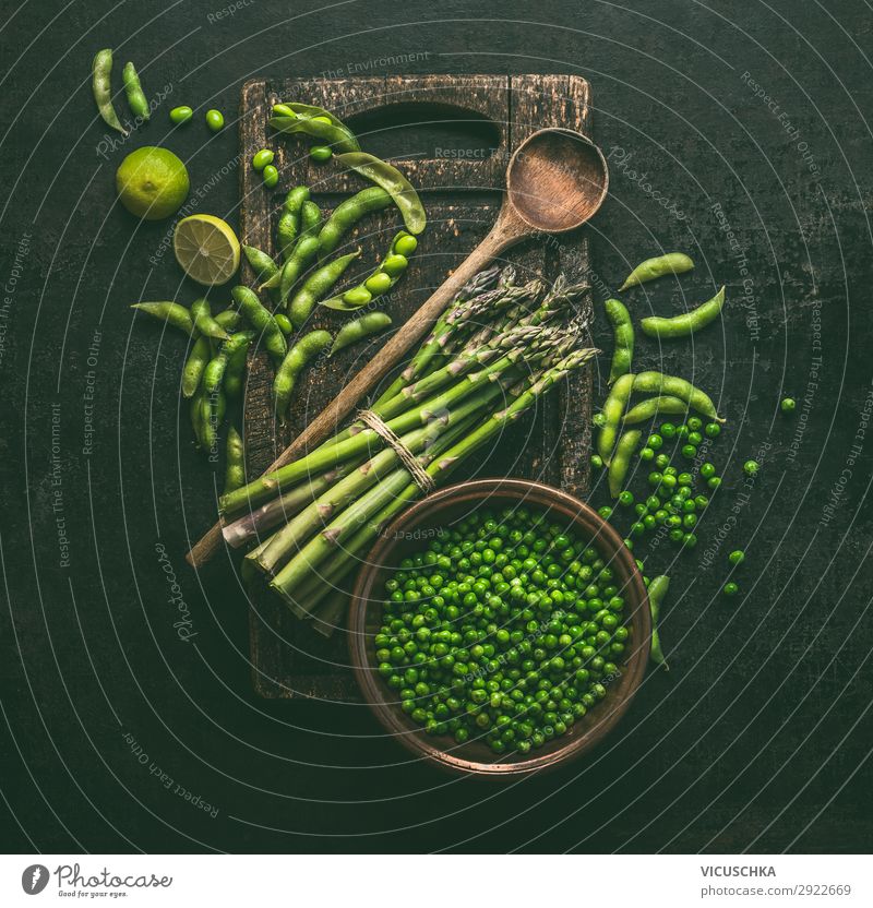 Green cooking ingredients: asparagus, soybeans, peas Food Vegetable Lettuce Salad Nutrition Organic produce Vegetarian diet Diet Pot Spoon Style Design Healthy