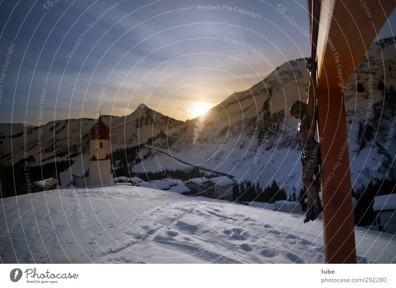 road cross Nature Landscape Sunrise Sunset Sunlight Winter Alps Mountain Snowcapped peak Church Emotions Moody Crucifix Religion and faith Roadside calvery