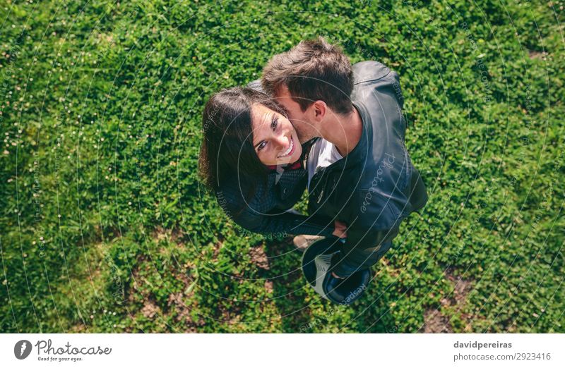 Top view couple hugging outdoors Lifestyle Happy Beautiful Human being Woman Adults Man Family & Relations Couple Nature Grass Meadow Aircraft Touch Kissing