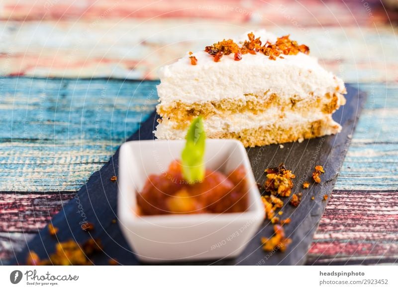 Vegan coconut cake with nut brittle & plums Food Dessert Vegetarian diet Vegan diet Coconut Cracknel Plum Nutrition To have a coffee Buffet Brunch Banquet Plate