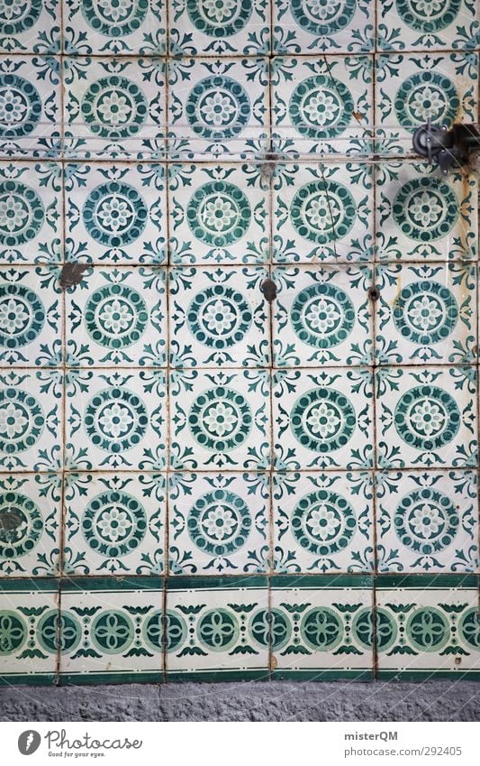 Tile green. Art Esthetic Pattern Symmetry Portugal Lisbon Square Adornment Decoration Wall (building) Facade Old fashioned Retro Style Colour photo