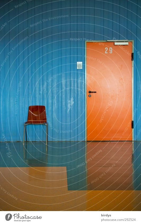 Classroom 29, office door with chair for waiting in front of it Chair Room Office Hallway School building Digits and numbers Glittering Original Clean Blue