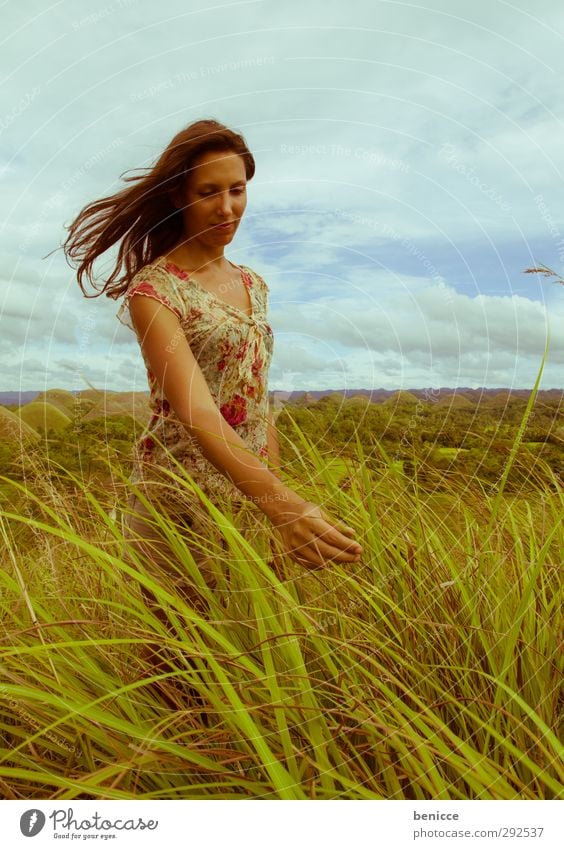 grass touch Woman Human being To enjoy Grass Stand Common Reed Meadow Summer Asia Hill Mountain Laughter Smiling Free Freedom Vacation & Travel