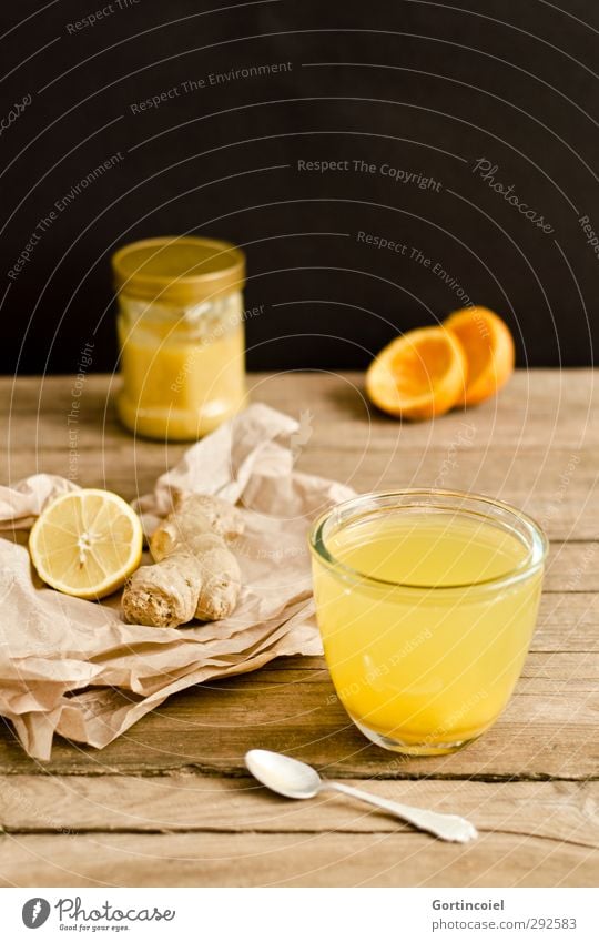 citrus-ginger tea Food Orange Beverage Hot drink Tea Glass Spoon Fresh Healthy Delicious Brown Yellow Black Food photograph Honey Lemon Ginger Common cold