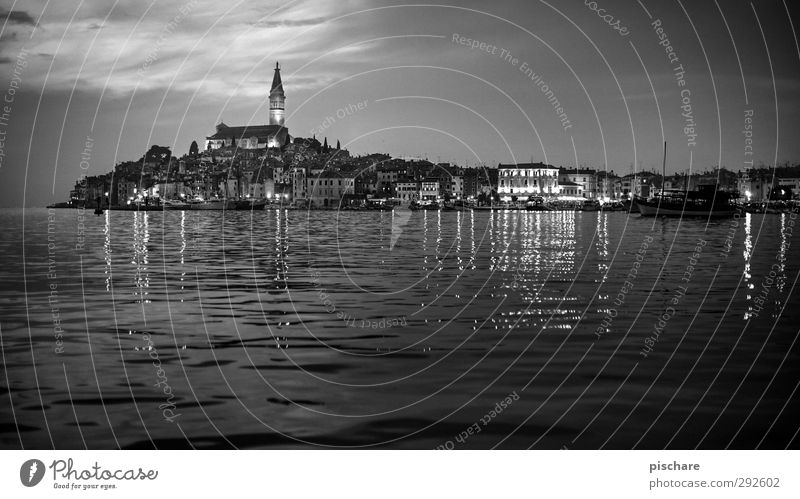 Rovinj Coast Ocean Village Fishing village Church Dark Black & white photo Exterior shot Copy Space bottom Twilight Night Silhouette Reflection Panorama (View)