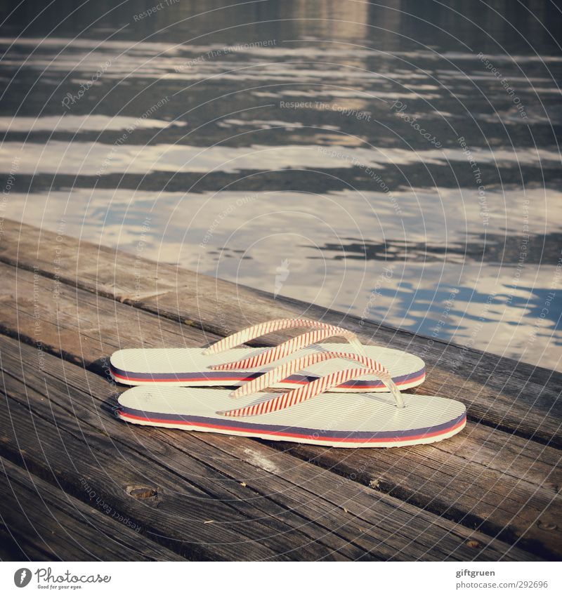 submerged Clothing Footwear Flip-flops Swimming & Bathing Stripe Footbridge Lakeside Body of water Surface of water Water Elements Wood Texture of wood Shuffle