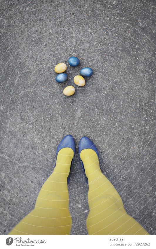 Easter blue/yellow Easter egg Egg boiled eggs colorful eggs Yellow Blue Legs feminine Woman Stockings feet Street Asphalt Strange Whimsical Funny