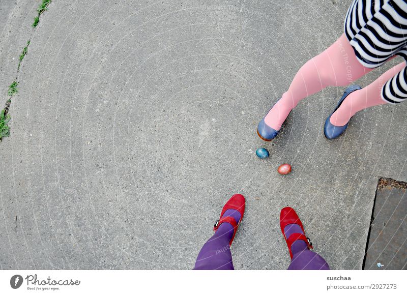 to easter (2) Easter Easter egg Tradition Egg boiled eggs colorful eggs Legs feminine Woman Stockings feet Street High heels Asphalt Strange Whimsical 2 people