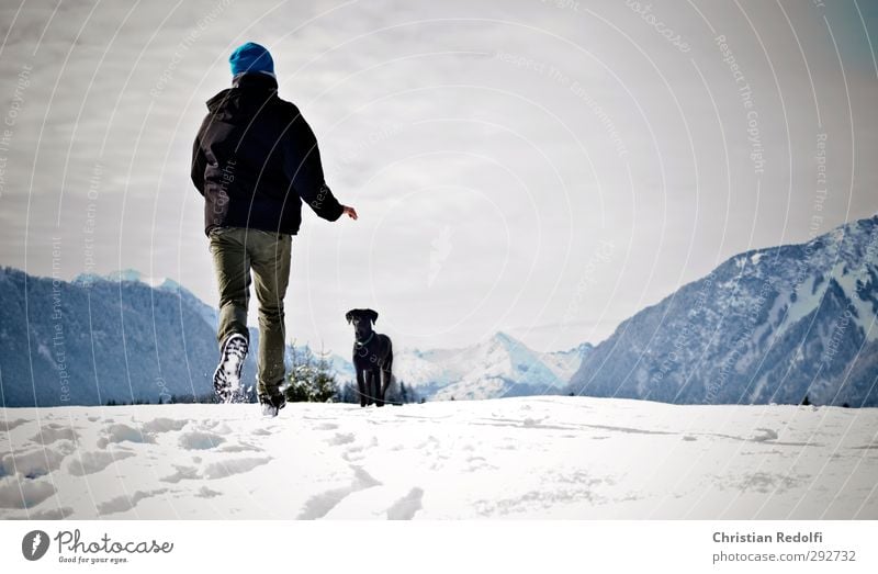 stroll Dog dog owner Exterior shot Snow Snow track Snow mountain Snow cornice Animal training dog training Mountain Landscape Hill mountains snowdog Human being