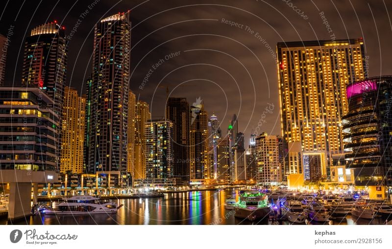 Dubai Marina at night Advancement Future United Arab Emirates Asia Arabia Town Port City Downtown Skyline High-rise Harbour Manmade structures Building