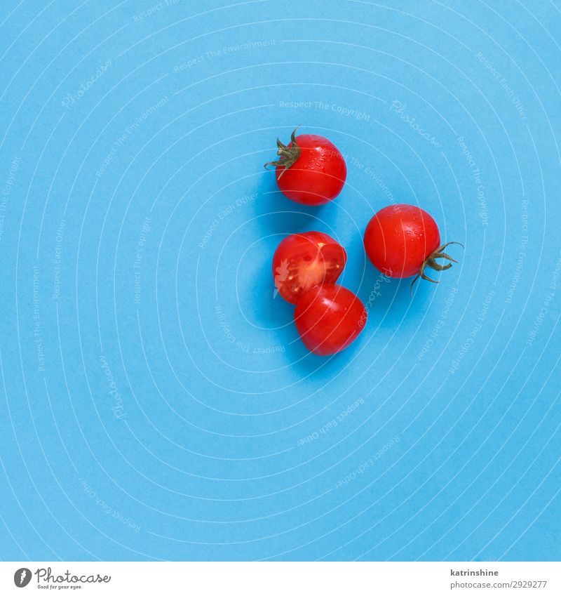 Cherry tomatoes on a blue background Vegetable Vegetarian diet Diet Fresh Bright Above Blue Red cherry tomatoes Ingredients Raw Minimalistic Conceptual design