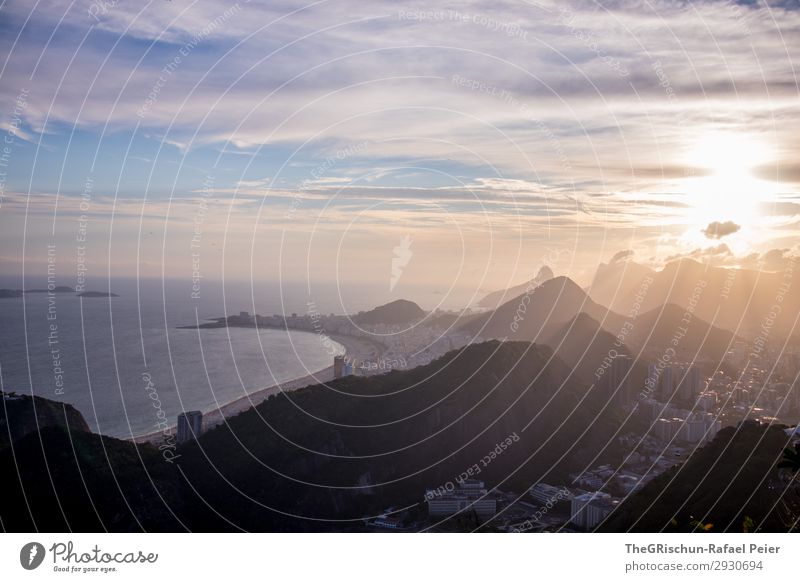 rio sunset Environment Nature Landscape Blue Yellow Gold Black White Hill Rio de Janeiro Beach Ipanema House (Residential Structure) High-rise Ocean Brazil