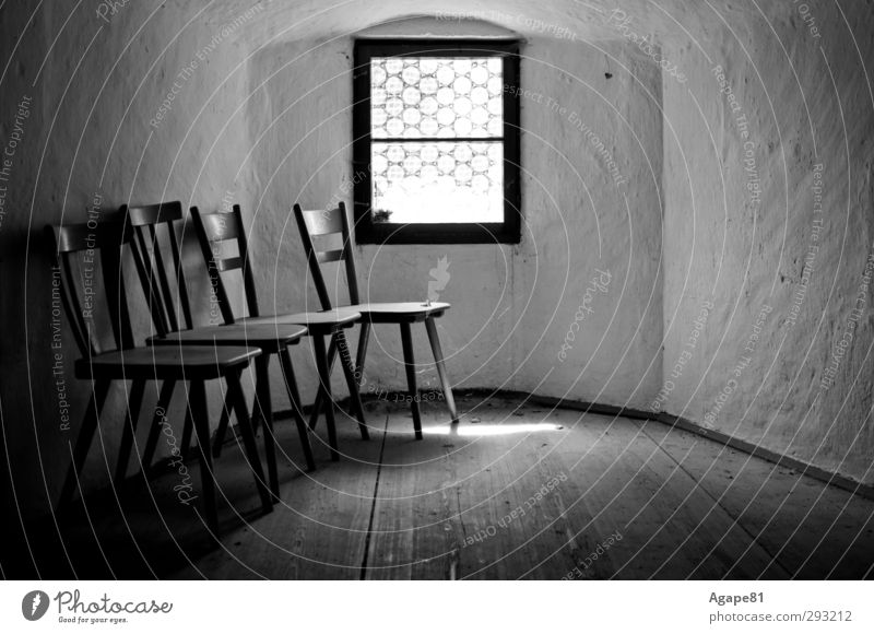 tower room Row of chairs Group of chairs Chair View from a window Window Creepy Historic Cold Black & white photo Interior shot Deserted Day Light Shadow