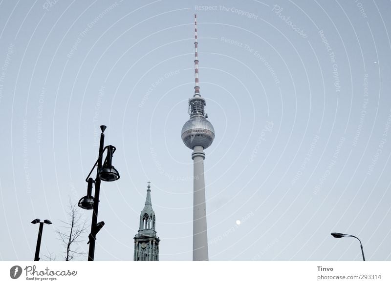 Berlin, Berlin Cloudless sky Capital city Church Tourist Attraction Landmark Exceptional Gigantic Blue Black Alexanderplatz Berlin TV Tower Street lighting Moon