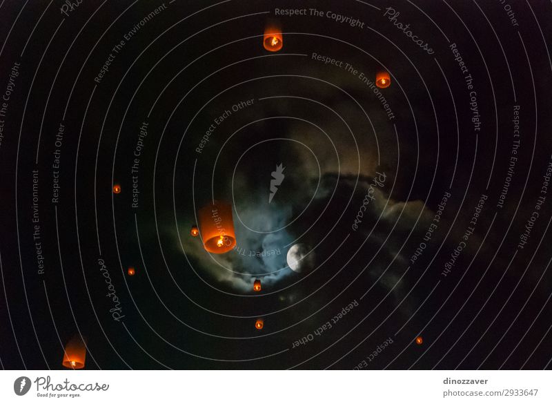 Lanterns at the night sky with full moon Beautiful Vacation & Travel Lamp Feasts & Celebrations Art Culture Sky Clouds Architecture Street Old Dark Bright Blue