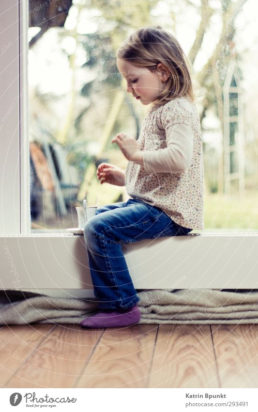 tea time Tea Cup Playing Living room Human being Child Infancy 1 3 - 8 years Blonde Sit Bright Cute Colour photo Interior shot Copy Space bottom Full-length