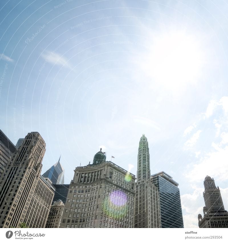 Gotham City by day Cloudless sky Sunlight Beautiful weather Chicago USA Town Downtown Skyline Overpopulated High-rise Esthetic batman dark knight Back-light