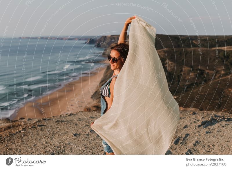 portrait of beautiful happy young woman outdoors Lifestyle Happy Beautiful Playing Vacation & Travel Tourism Adventure Freedom Summer Sun Beach Ocean Mountain