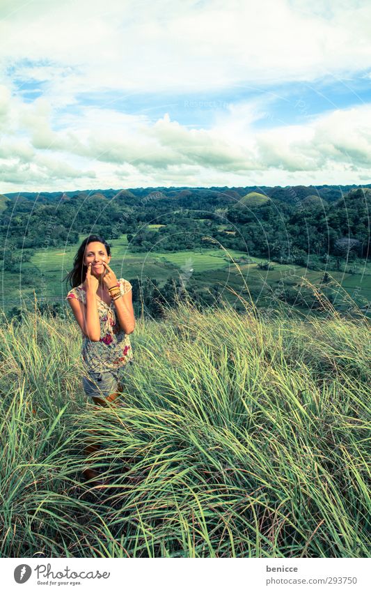 keep on smiling Laughter Smiling Joy Woman Human being Nature Meadow Sky Wind Portrait photograph Caucasian White European Dress Summer Humor Grass Hill