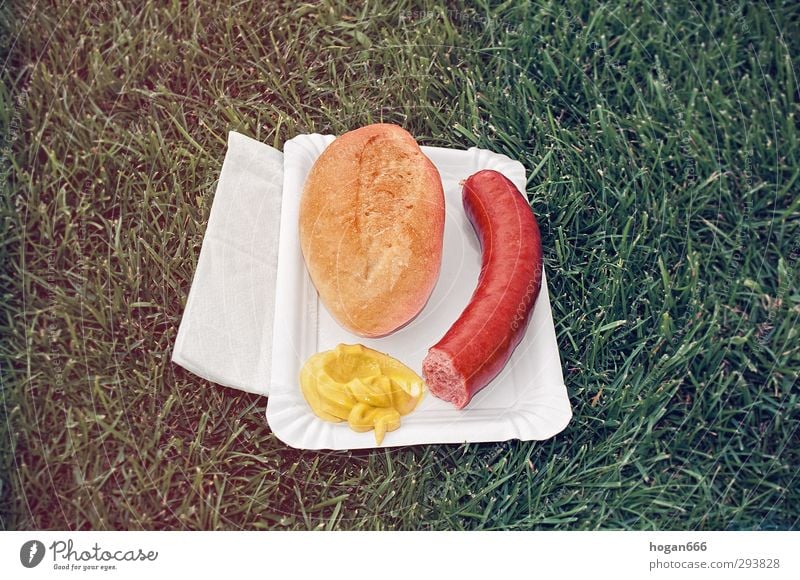 Sports ground beef sausage Sausage Lunch Fast food Football pitch Beautiful weather Grass Eating To enjoy Authentic Simple Hot Delicious Yellow Green Red Honest