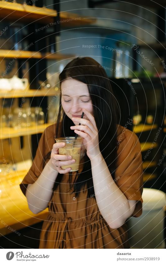 happy with coffee 9 Beverage Drinking Coffee Latte macchiato Espresso ice latte cold latte ice coffee Glass Straw Lifestyle Elegant Joy Harmonious Adventure